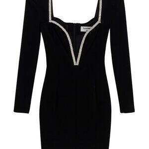 House of CB Black Velvet Long-Sleeve Mini Dress with Crystal Trim, Size S